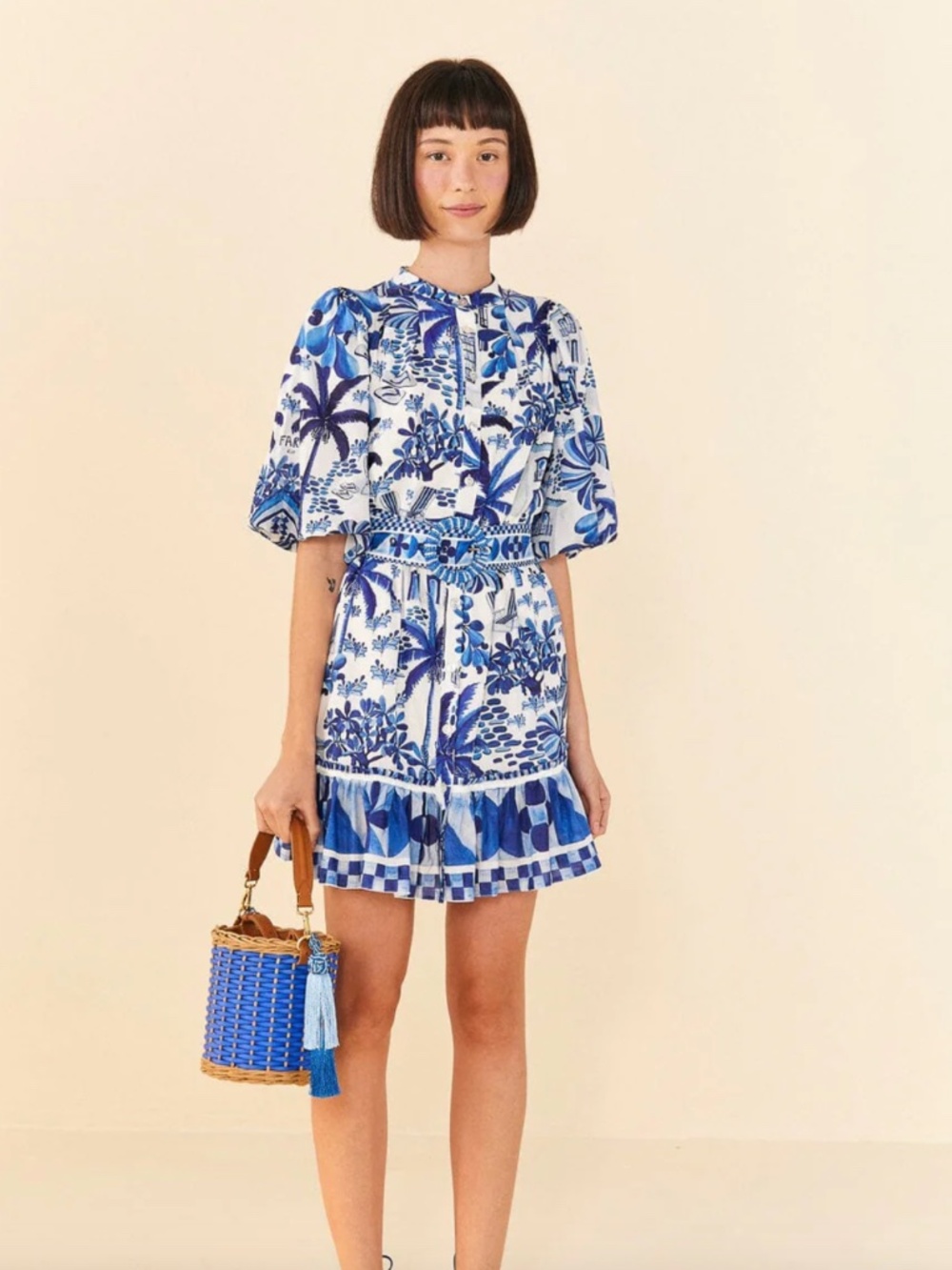 Farm Rio - Sweet Rio Blue and White Puff Sleeve Mini Dress XXS NWOT